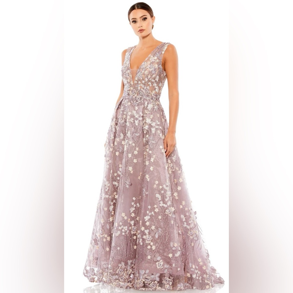 FLORAL EMBROIDERED ILLUSION V-NECK GOWN Color Lilac Size 14